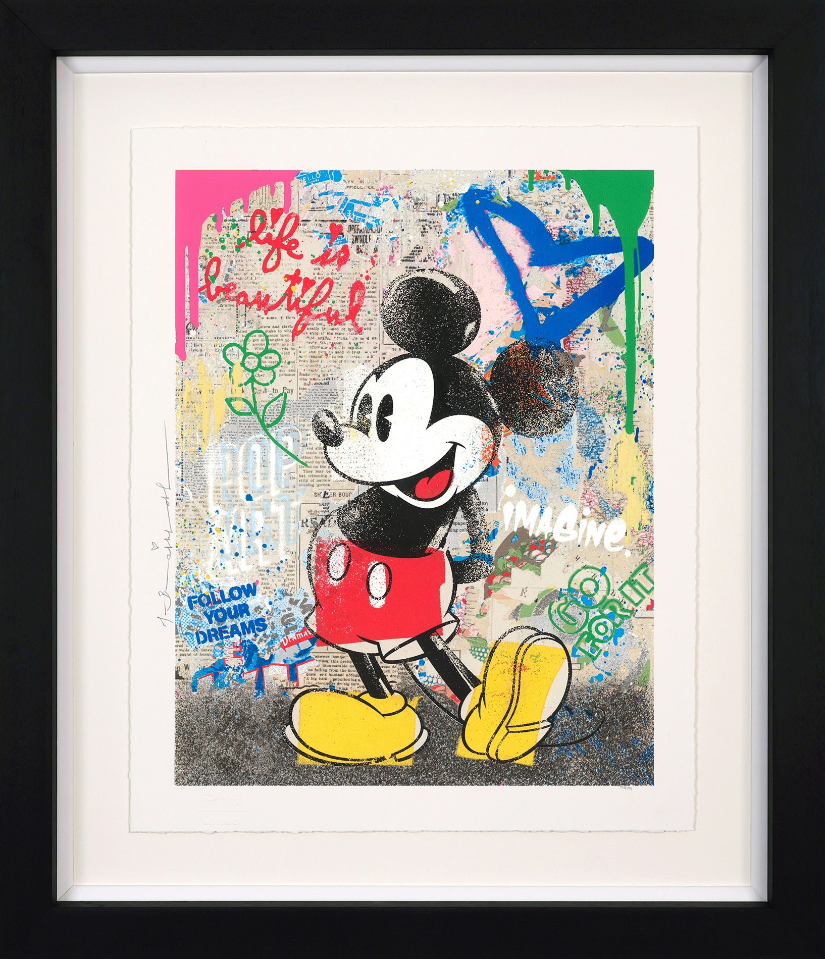 Forever Mickey by Mr. Brainwash – Limited edition Disney collaboration silkscreen print of Mickey Mouse in a vibrant, graffiti-style urban background.