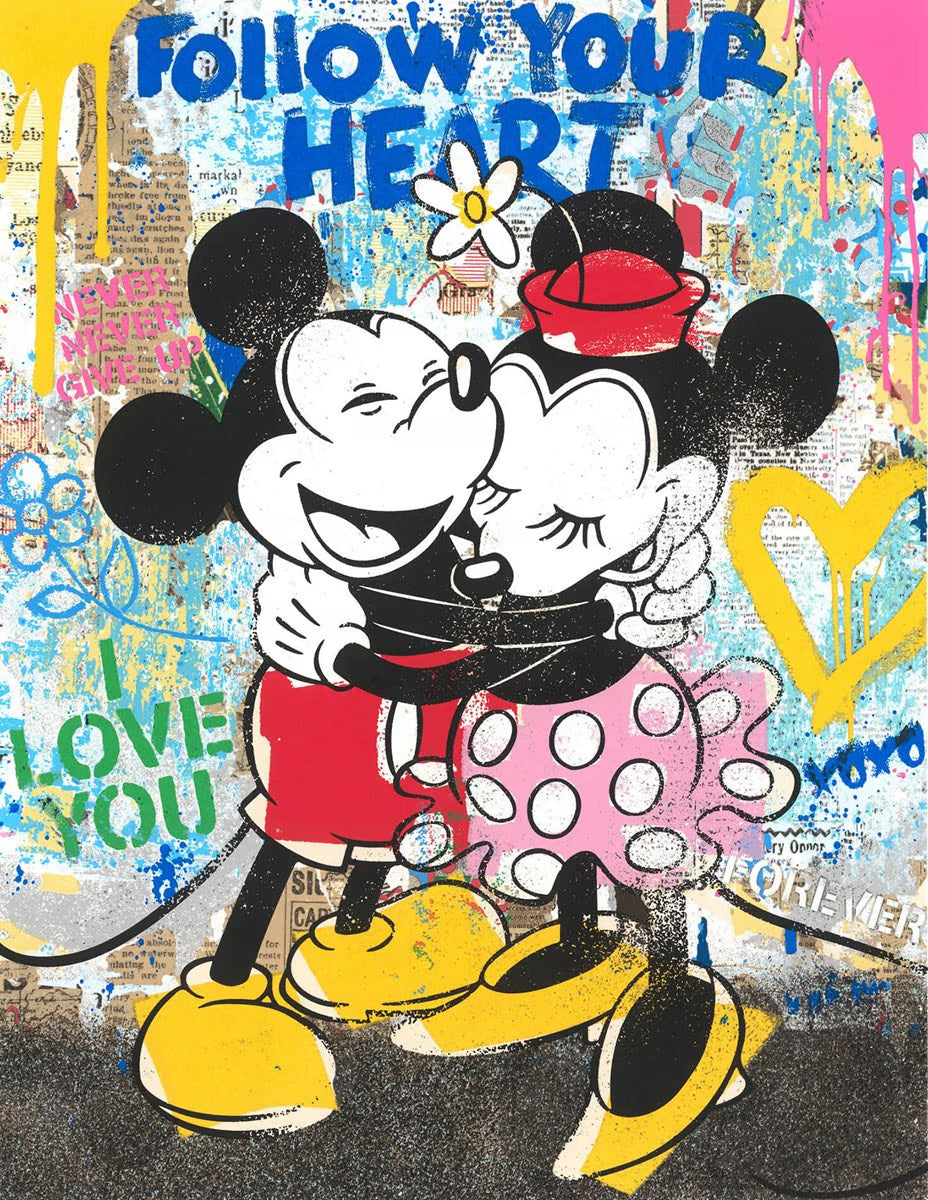 Close-up detail of the "Dreams Come True" Deluxe Edition artwork, highlighting the "Dreams Come True" text and dense layers of urban graffiti stencils. This Mr. Brainwash piece is printed on fine art paper and includes official studio stamps.
