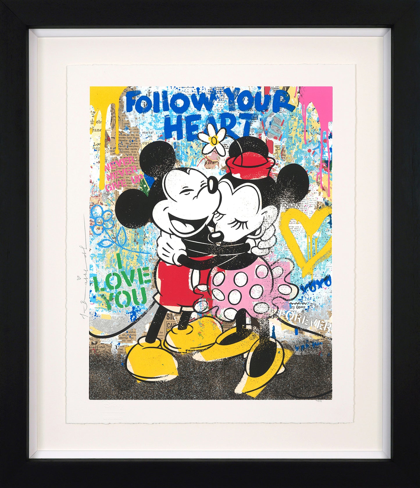 Forever Starts Here by Mr. Brainwash – Official Disney collaboration limited edition silkscreen featuring Mickey and Minnie Mouse in a vibrant street art style.