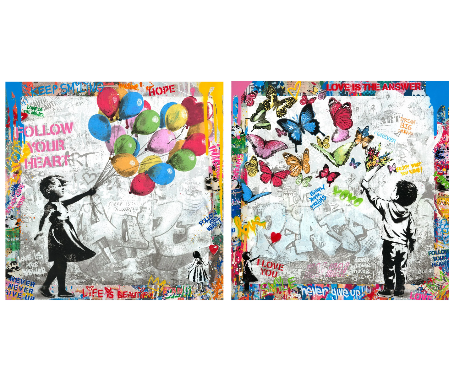 Mr Brainwash's original Hope is Beautiful and Peace is Beautiful pair, both heavily worked mixed media originals