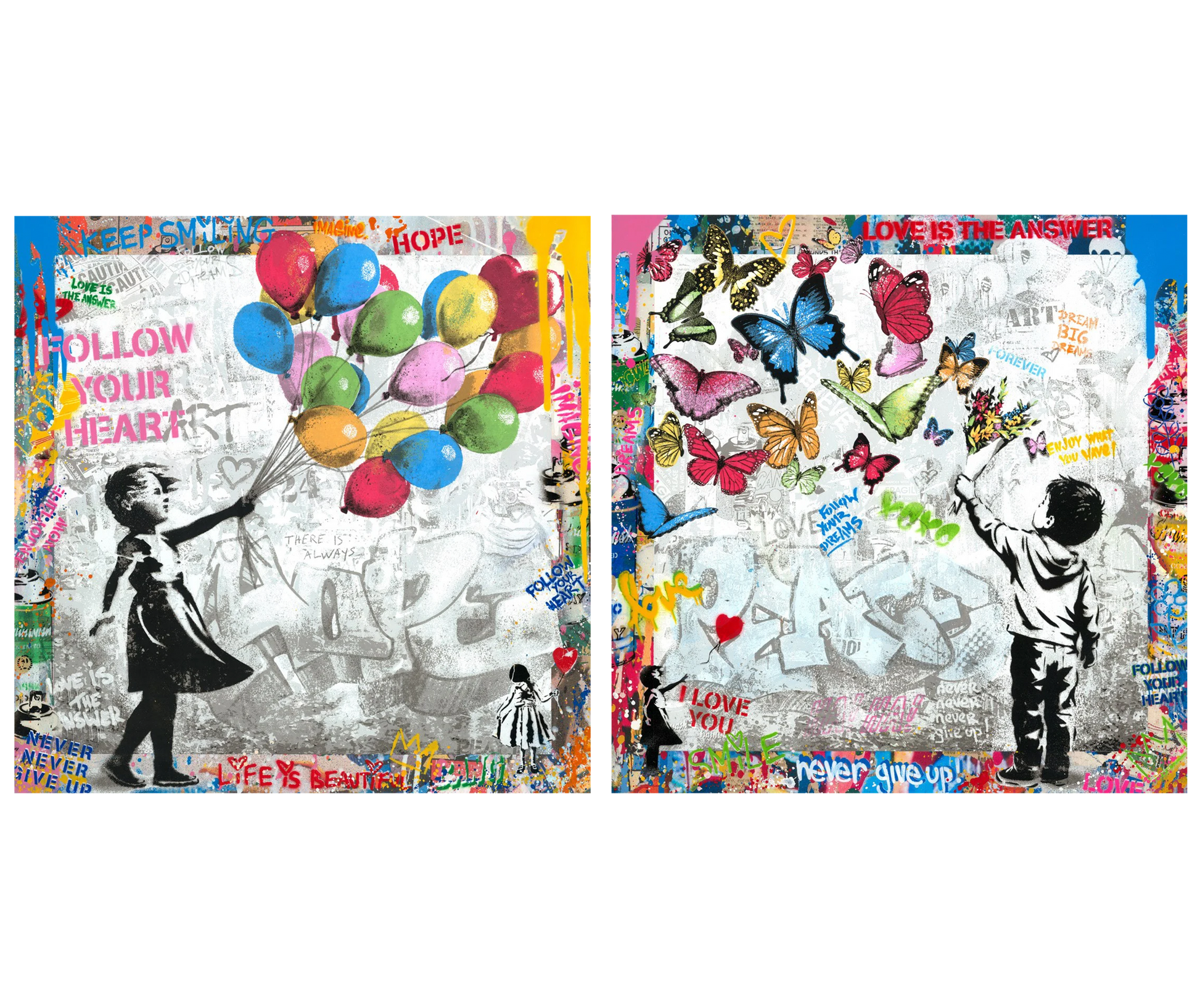 Mr Brainwash's original Hope is Beautiful and Peace is Beautiful pair, both heavily worked mixed media originals