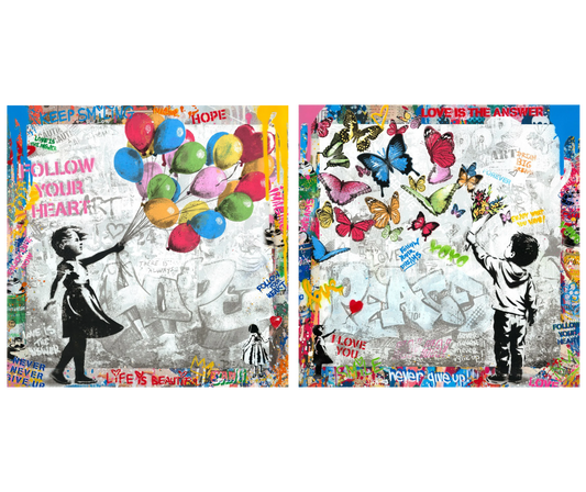 Mr Brainwash's original Hope is Beautiful and Peace is Beautiful pair, both heavily worked mixed media originals
