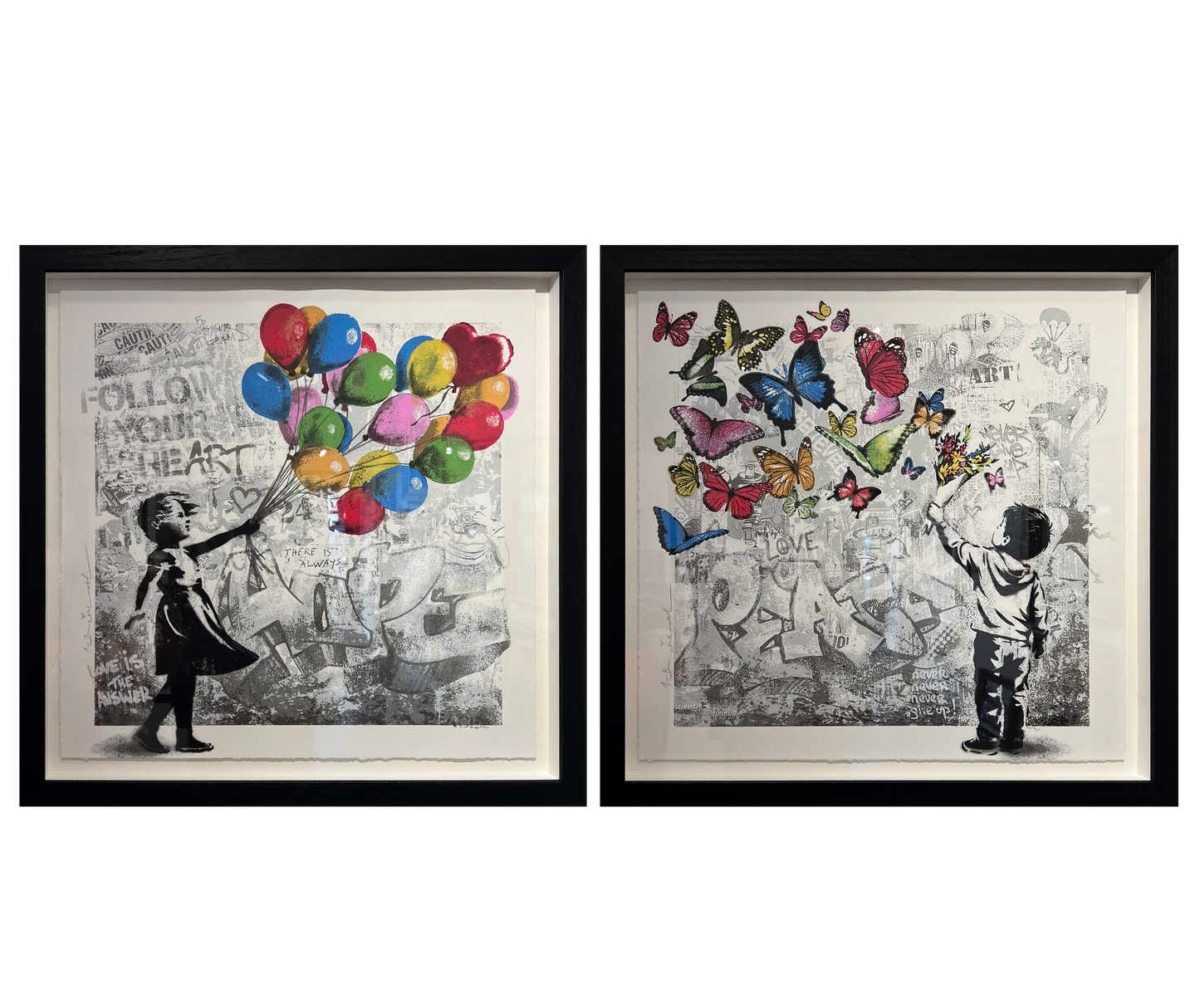 Mr Brainwash's Hope is Beautiful and Peace is Beautiful silkscreen pair, framed together as a matching rainbow
