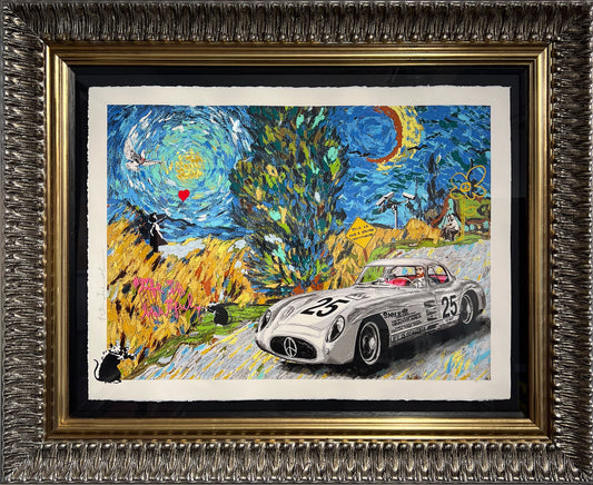 Mr. Brainwash 'Life is Beautiful' — mixed media limited edition print combining Van Gogh's Starry Night with a vintage Mercedes-Benz 300SL race car, Banksy rat, and street art iconography, in an ornate silver and gold frame at Creed Gallery, Ascot, Berkshire