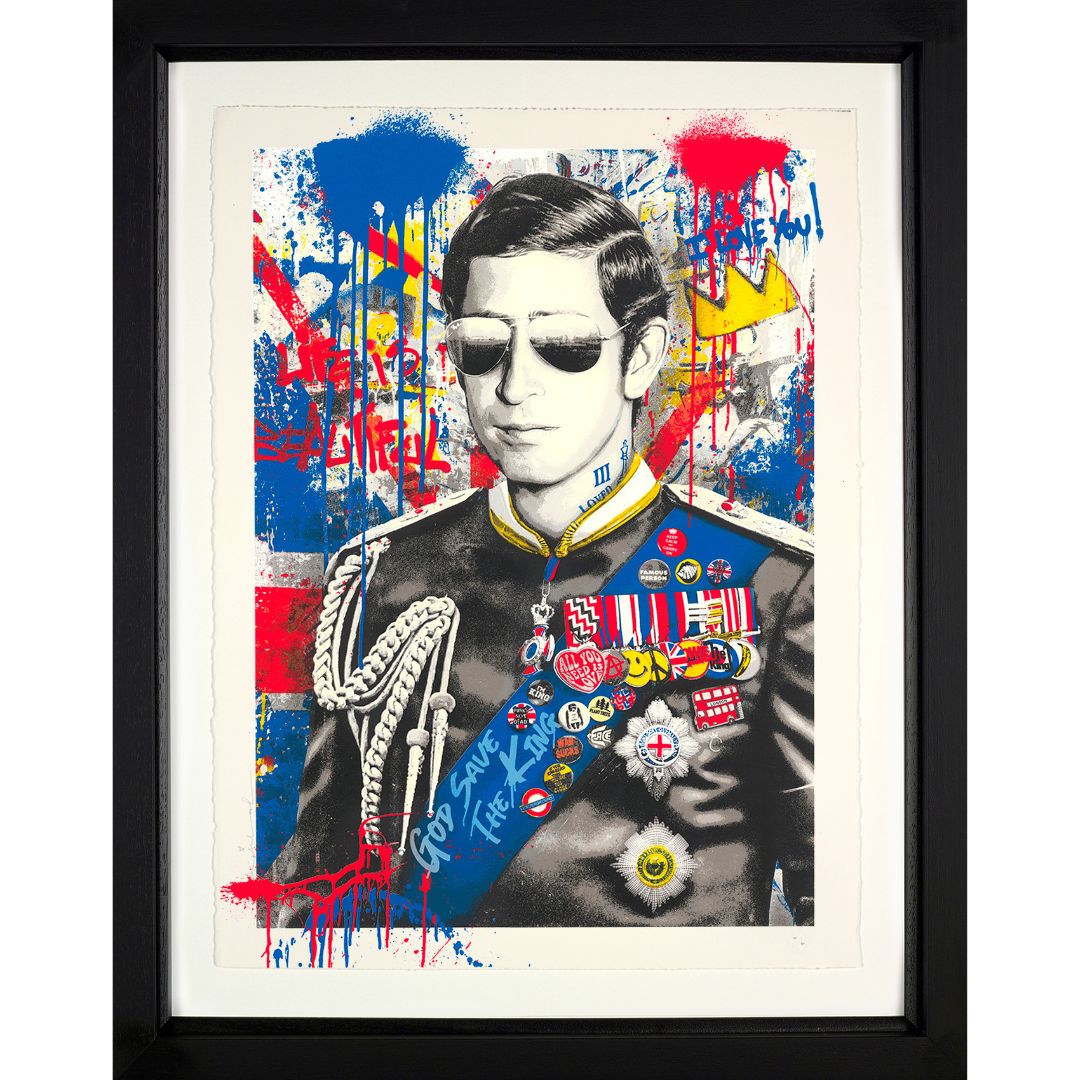 Signed limited edition silkscreen 'Long Live the King' by Mr. Brainwash, edition of 95, featuring vibrant royal imagery in a bold pop-art style, professionally presented in a black contemporary frame