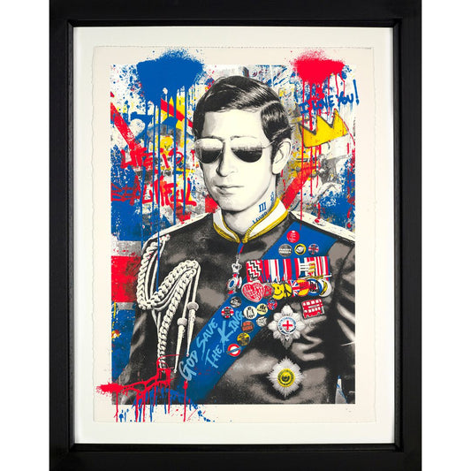 Signed limited edition silkscreen 'Long Live the King' by Mr. Brainwash, edition of 95, featuring vibrant royal imagery in a bold pop-art style, professionally presented in a black contemporary frame
