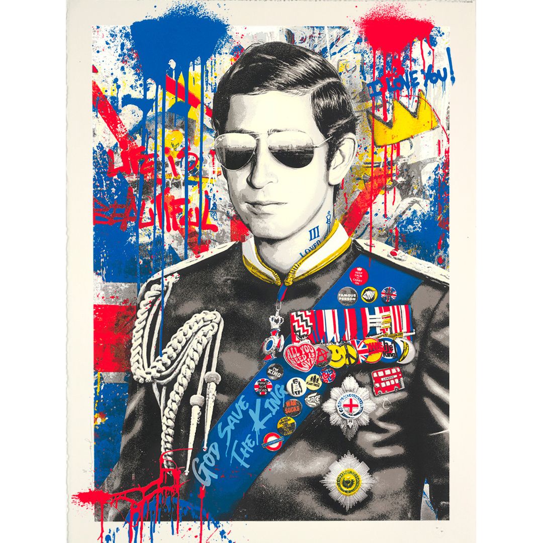 Detailed close-up of 'Long Live the King' by Mr. Brainwash, a signed limited edition silkscreen on fine art paper. The shot captures the intricate hand-pulled silkscreen textures, heavy paint layering, and vibrant pop-art colours of the royal-themed street art imagery