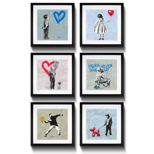 Set of six framed artworks with various Mr Brainwash images. 