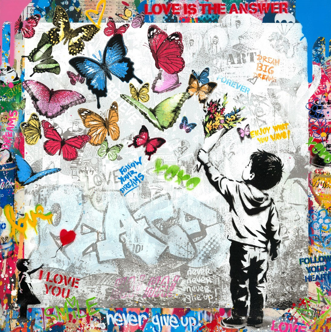 Mr Brainwash's original Peace is Beautiful, a butterfly-releasing boy over a dense collaged backdrop of slogans and tags