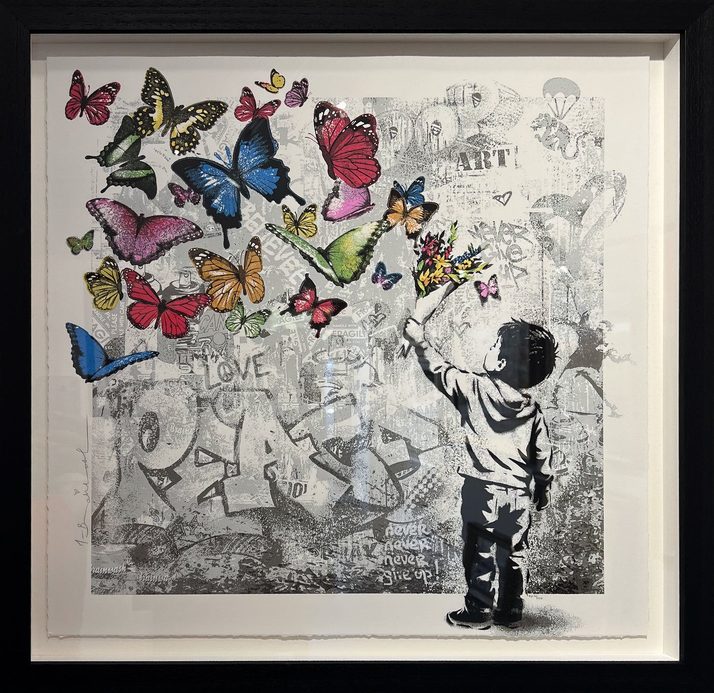 Mr Brainwash's Peace is Beautiful silkscreen: a boy releasing a flock of butterflies against a graffiti wall