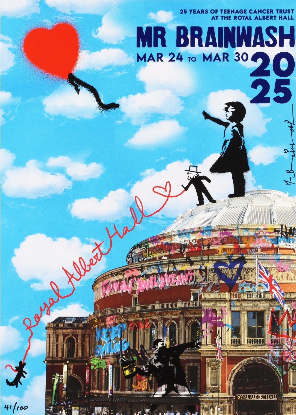 Signed limited edition silk screen print of the Royal Albert Hall by Mr. Brainwash, featuring colourful graffiti and pop art styles, created for the Teenage Cancer Trust 25th Anniversary.