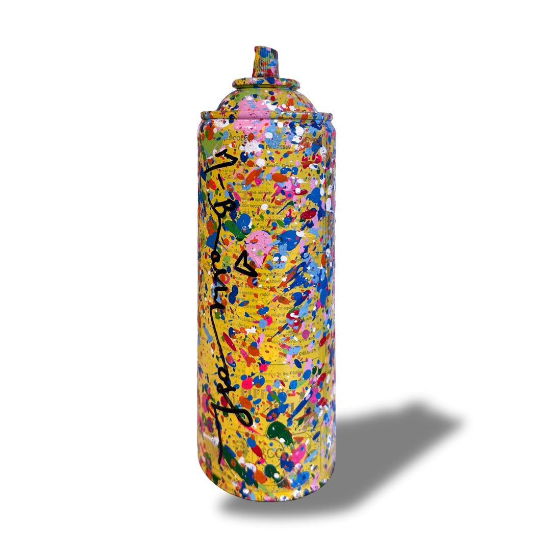Original signed Mr. Brainwash spray can sculpture featuring colourful spray paint splatter and abstract street art design, 7x19cm original artwork