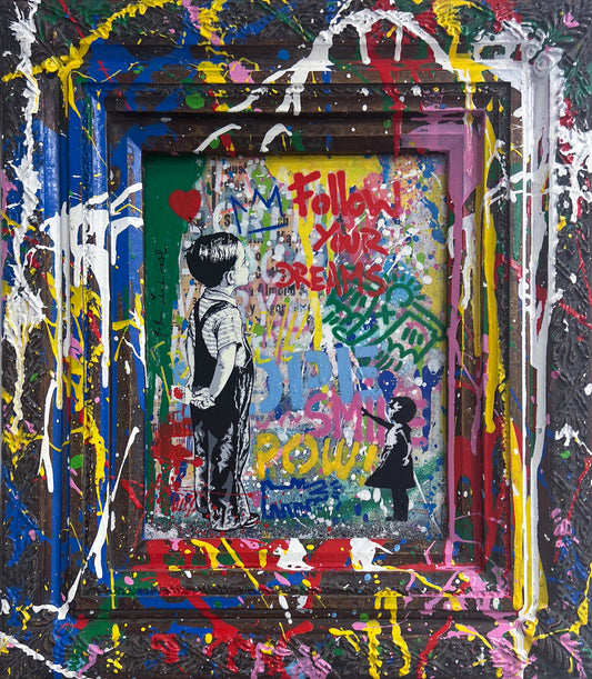 Original 14x16 inch mixed-media painting 'With All My Love' by Mr. Brainwash, featuring a child with a spray can and vibrant graffiti-style patterns in a hand-painted frame.