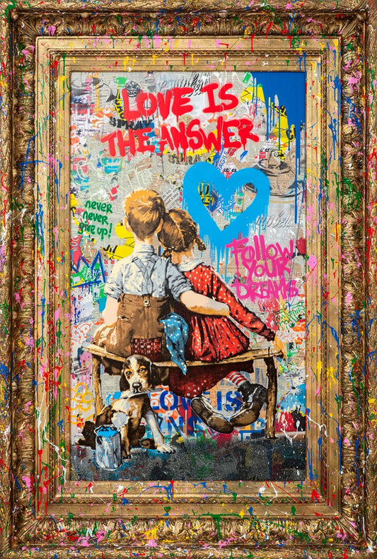 Original large-scale 54x54 inch mixed-media painting 'Work Well Together' by Mr. Brainwash at Creed Gallery, featuring a cuddling and a dog. 