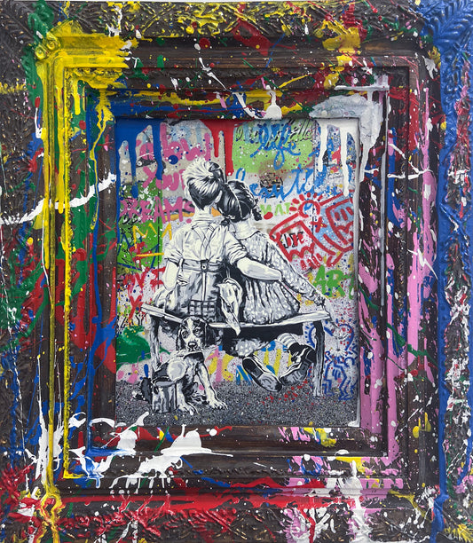 Original large-scale mixed-media painting 'Works Well Together' by Mr. Brainwash featuring cuddling and a dog against a vibrant graffiti-style background, framed in a hand-painted black frame