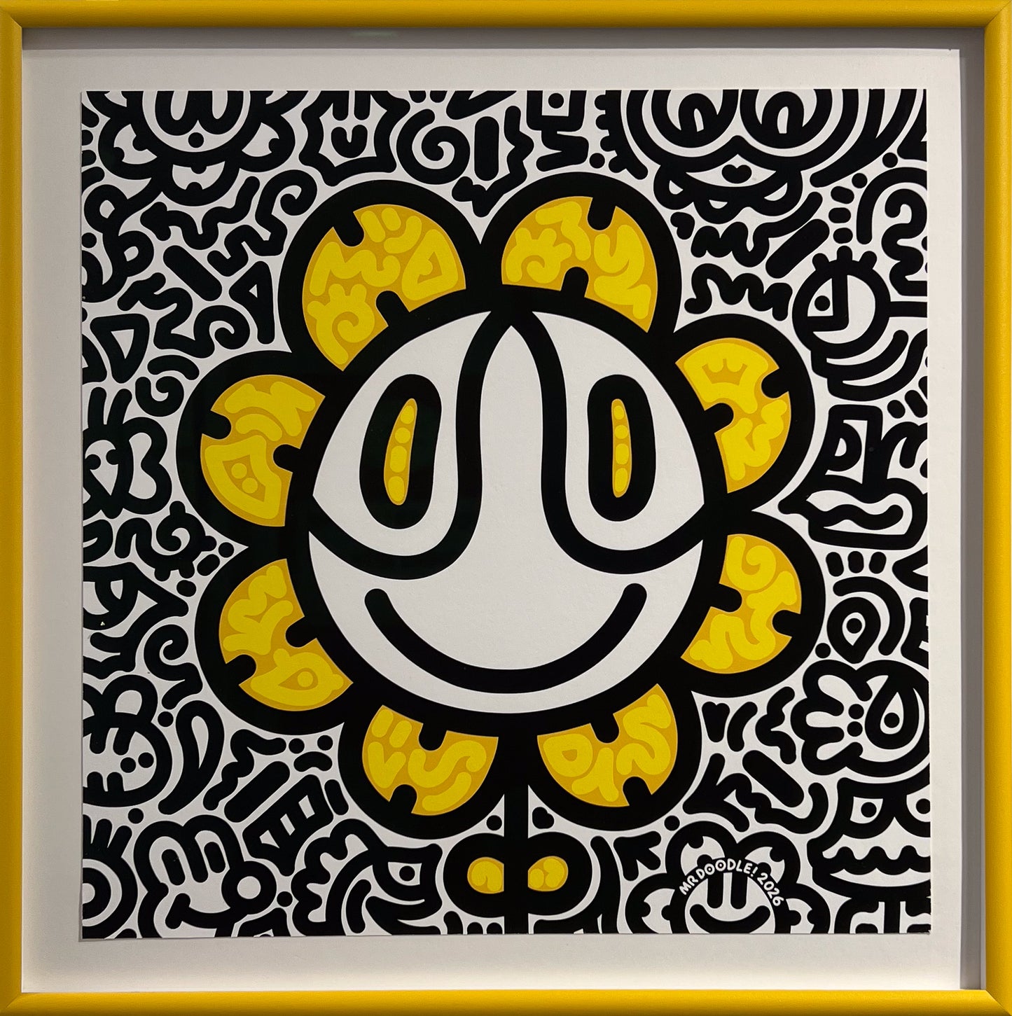 Mr Doodle Smiling Sunflower (2026) framed limited edition print at Creed Gallery Ascot, serving Berkshire, Surrey, and London.