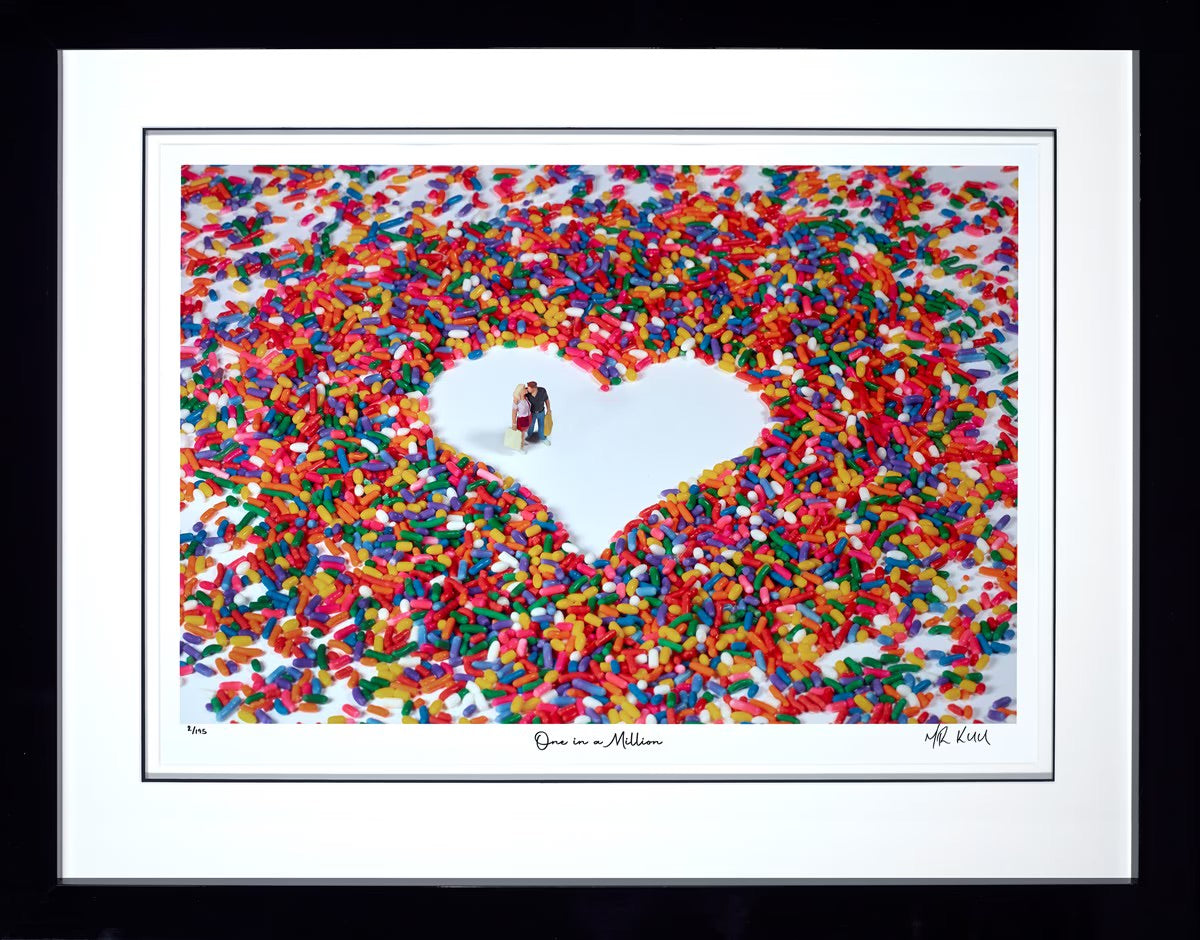 Bespoke framed edition of 'One In A Million' by Mr Kuu, featuring a romantic miniature scene in a high-impact contemporary frame, available at Creed Gallery Berkshire.