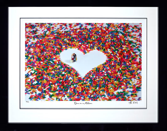 Bespoke framed edition of 'One In A Million' by Mr Kuu, featuring a romantic miniature scene in a high-impact contemporary frame, available at Creed Gallery Berkshire.