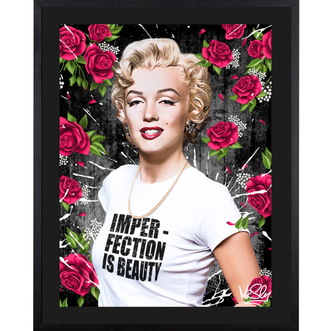 Left-side perspective of Mr. Sly's "Madness is Genius" Marilyn Monroe lenticular artwork, showing the shifting visual effect. A dynamic piece of contemporary pop art for luxury homes in Windsor, Bray, and the Berkshire region, available at Creed Gallery Ascot.