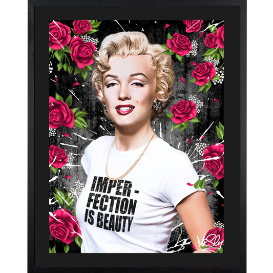 Left-side perspective of Mr. Sly's "Madness is Genius" Marilyn Monroe lenticular artwork, showing the shifting visual effect. A dynamic piece of contemporary pop art for luxury homes in Windsor, Bray, and the Berkshire region, available at Creed Gallery Ascot.