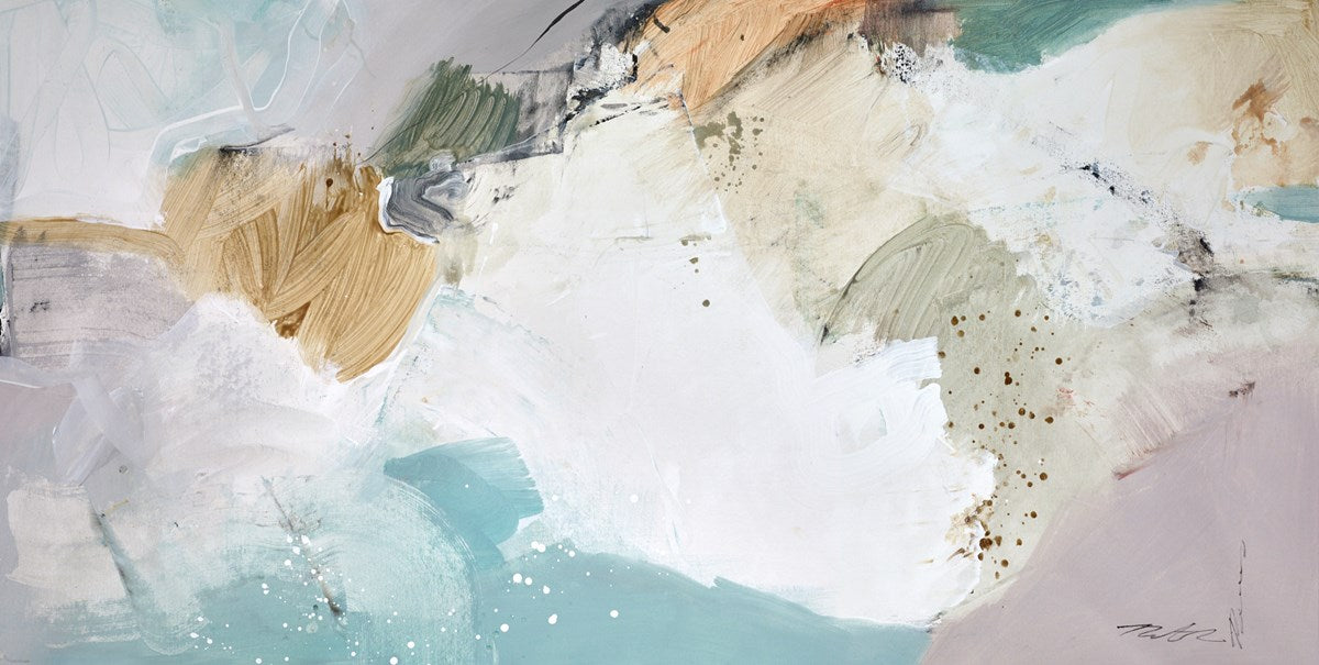 Natasha Barnes 'Ocean Serenade' original large-scale abstract expressionist painting on canvas, featuring blue and beige textures, available at Creed Gallery Ascot.