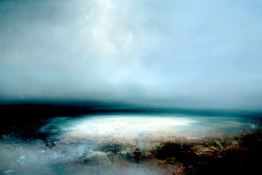 Original mixed-media abstract painting "Dreamtide" by Neil Nelson, featuring a gradient of deep blue and grey atmospheric tones on a large canvas, float framed in black.