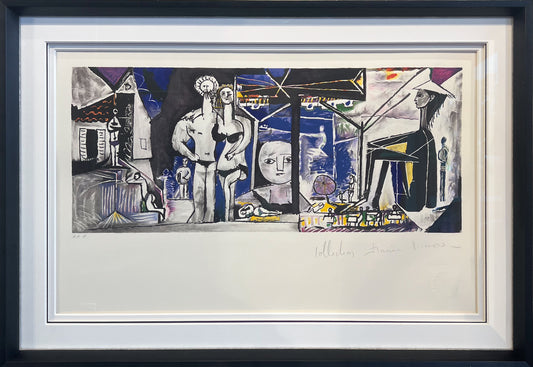 Cubist lithograph of a beach boardwalk scene with fragmented figures, parasols and architecture in blue, yellow and grey.