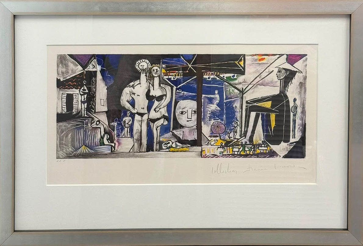 Cubist lithograph of a beach boardwalk scene with fragmented figures, parasols and architecture in blue, yellow and grey