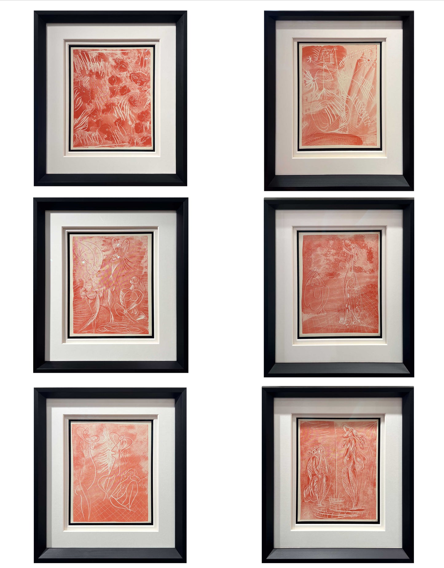 Pablo Picasso La Chevre-Feuille Suite 1943 six red zincographs Lafuma wove, Surrealist figures, Creed Gallery Ascot, Berkshire.