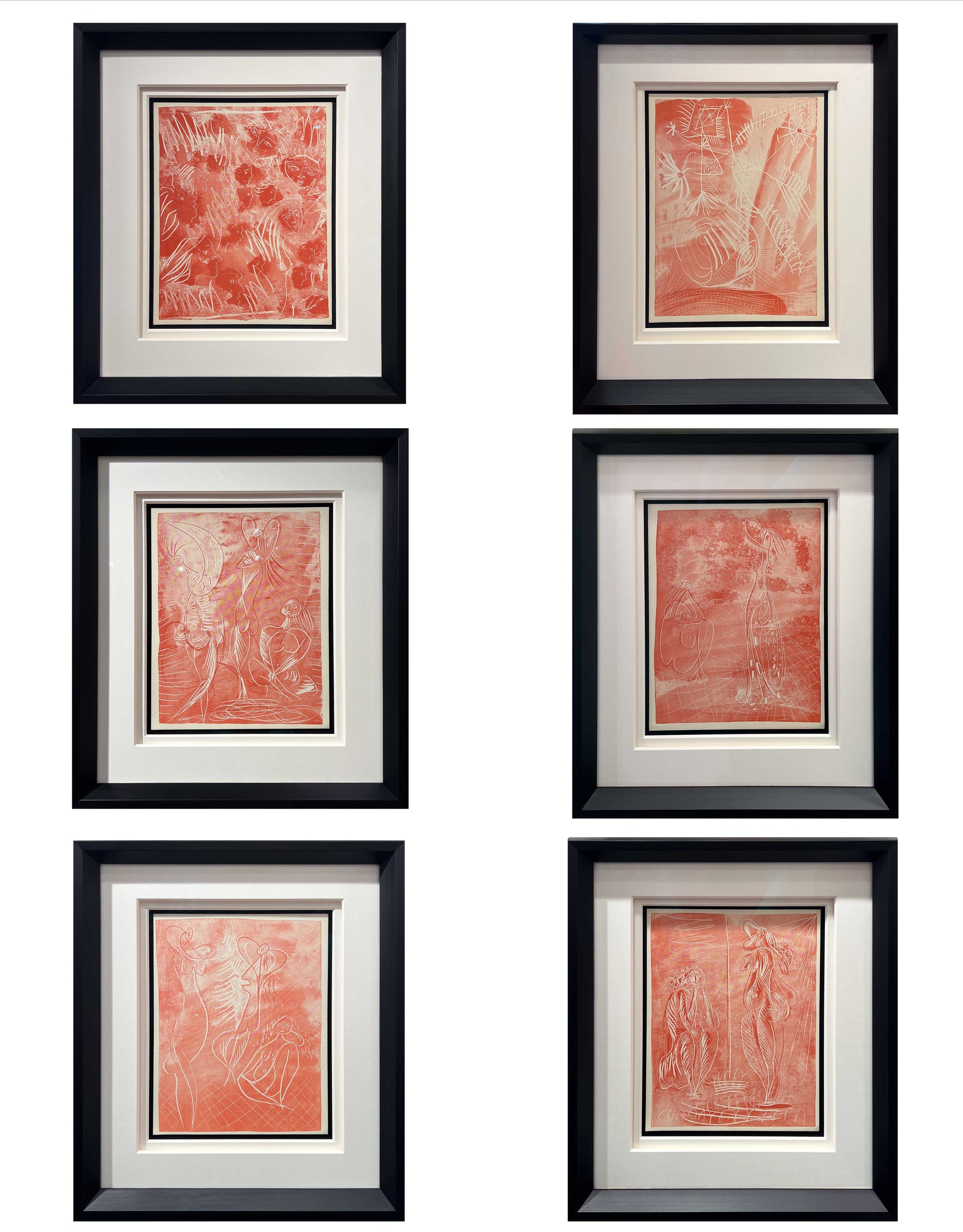 Pablo Picasso La Chevre-Feuille Suite 1943 six red zincographs Lafuma wove, Surrealist figures, Creed Gallery Ascot, Berkshire.