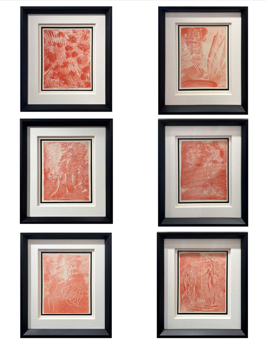 Pablo Picasso La Chevre-Feuille Suite 1943 six red zincographs Lafuma wove, Surrealist figures, Creed Gallery Ascot, Berkshire.