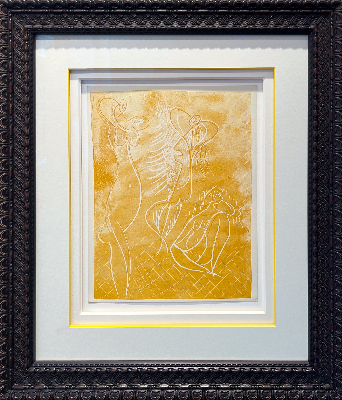 Pablo Picasso La Chevre-Feuille Suite 1943 six yellow zincographs Lafuma wove, Surrealist figures, Creed Gallery Ascot, Berkshire.