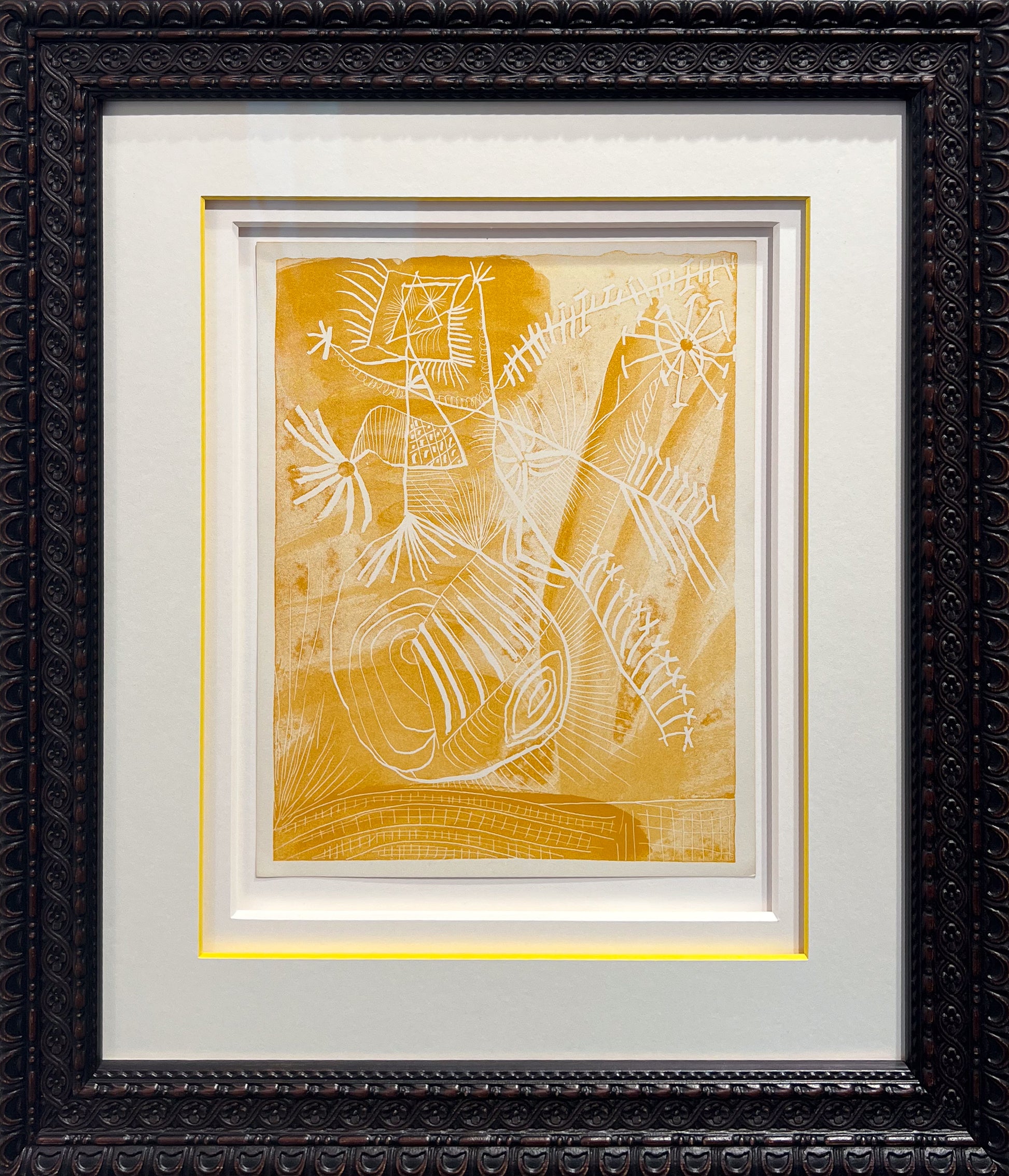Pablo Picasso La Chevre-Feuille Suite 1943 six yellow zincographs Lafuma wove, Surrealist figures, Creed Gallery Ascot, Berkshire.