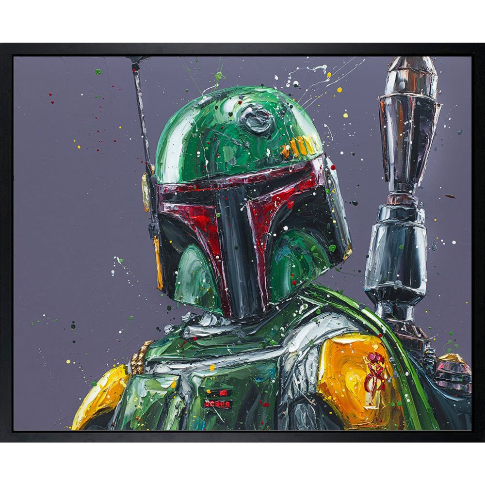 'He's No Good to Me Dead' by Paul Oz, a hand-embellished signed limited edition canvas portrait of Boba Fett, in a massive black contemporary frame for Star Wars collectors in Windsor, Sunningdale, and Ascot.