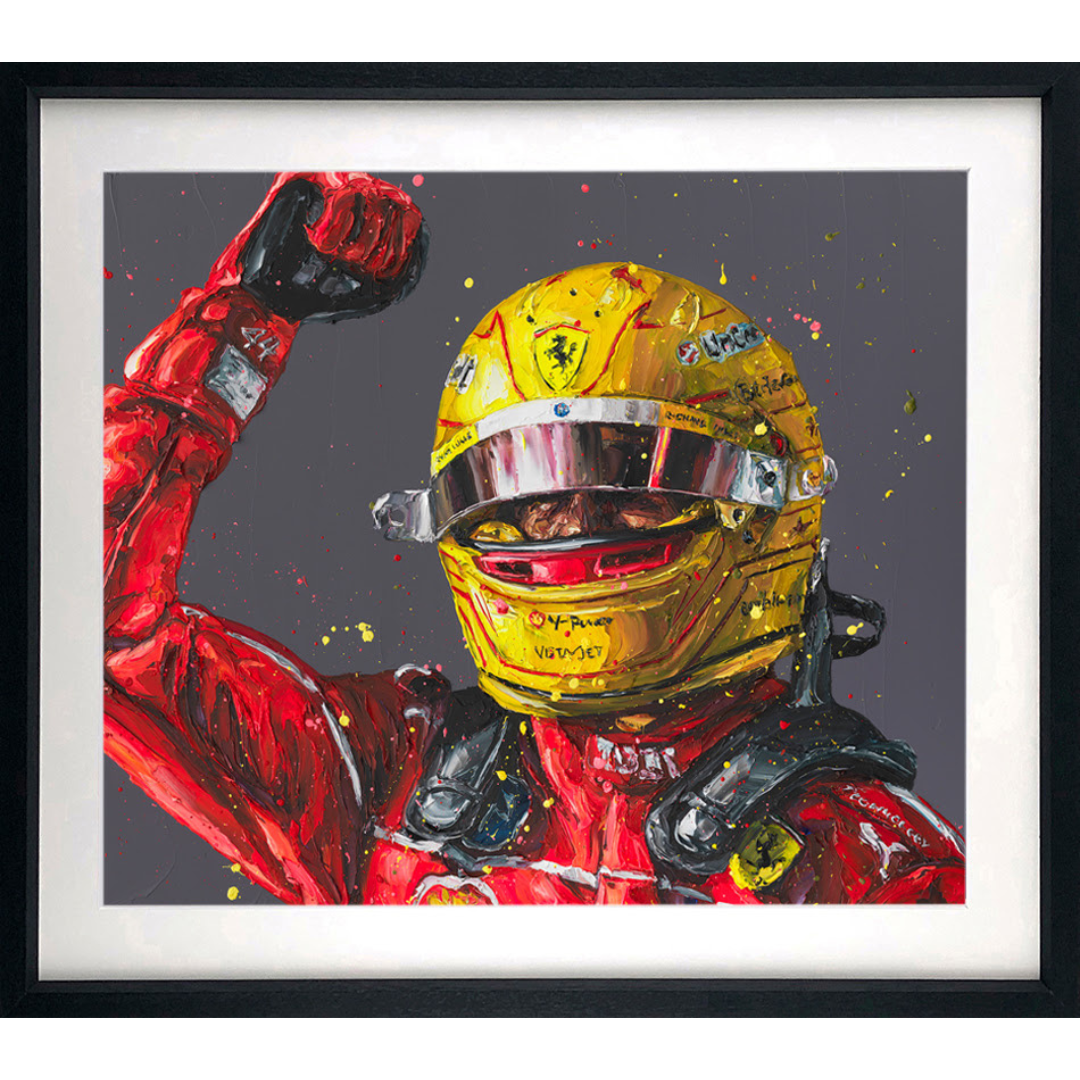 'Il Primo' by Paul Oz, a signed limited edition portrait of Michael Schumacher in his Ferrari helmet, in a black contemporary frame for F1 collectors in Windsor, Sunningdale, and Ascot.