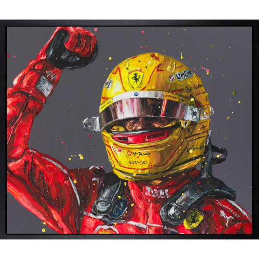 'Il Primo' by Paul Oz, a hand-embellished signed limited edition canvas portrait of Michael Schumacher, in a massive black contemporary frame for F1 collectors in Windsor, Sunningdale, and Ascot.