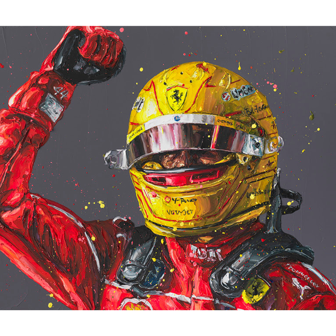 'Il Primo' by Paul Oz, a hand-embellished signed limited edition canvas portrait of Michael Schumacher, in a massive black contemporary frame for F1 collectors in Windsor, Sunningdale, and Ascot.
