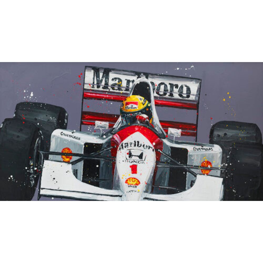 detail of 'Senna - Monaco '92' by Paul Oz, showcasing the extreme 3D impasto oil texture and energetic yellow and green paint splatters on Ayrton Senna's iconic helmet, capturing the speed and grit of the Monaco Grand Prix for collectors in Windsor and Ascot.