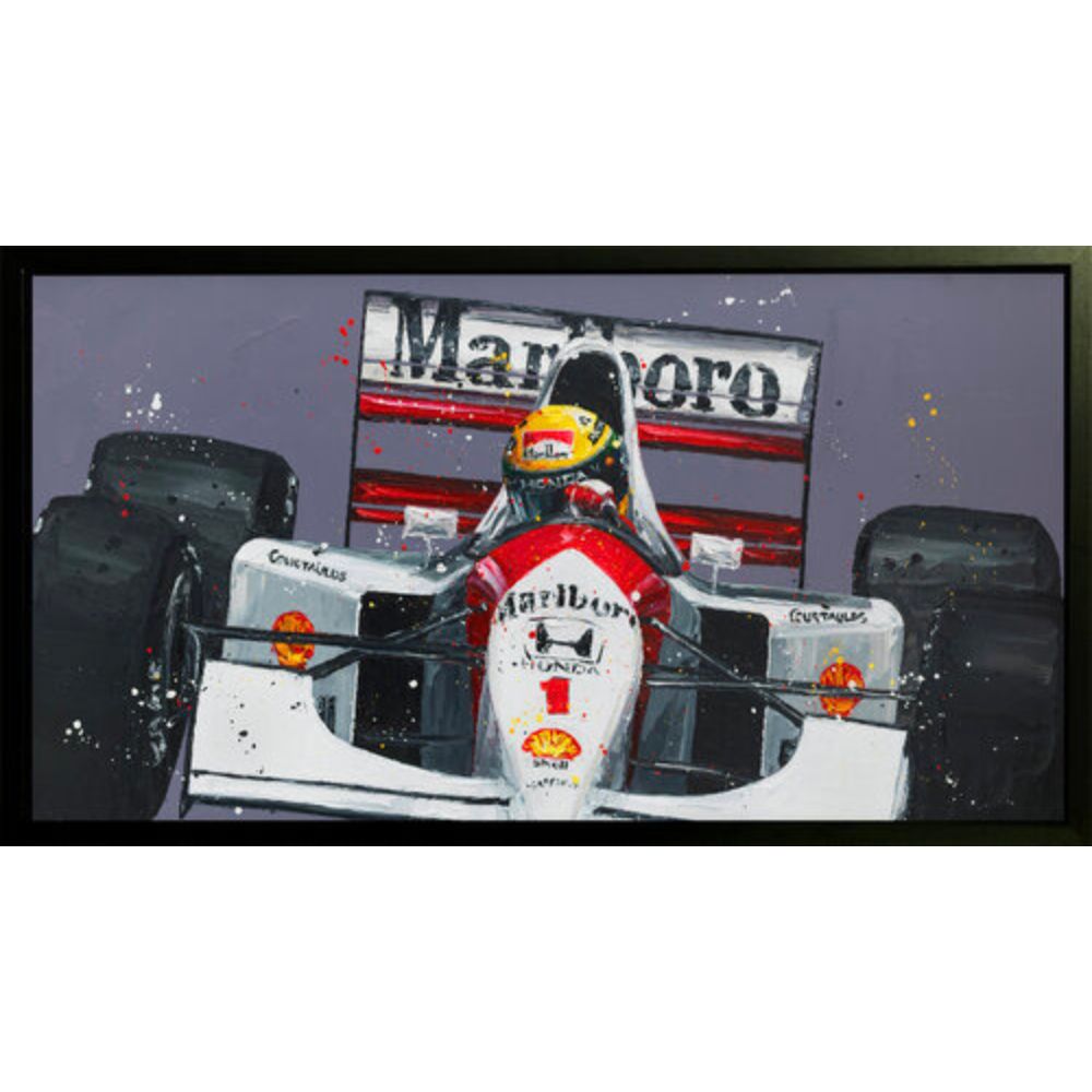 'Senna - Monaco 92' by Paul Oz, a hand-embellished signed limited edition canvas portrait of Ayrton Senna, in a large black contemporary frame for F1 collectors in Windsor, Sunningdale, and Ascot.