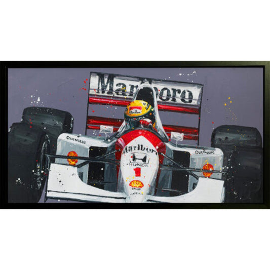 'Senna - Monaco 92' by Paul Oz, a hand-embellished signed limited edition canvas portrait of Ayrton Senna, in a large black contemporary frame for F1 collectors in Windsor, Sunningdale, and Ascot.