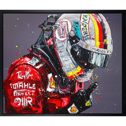 'Vettel - Silverstone '18' by Paul Oz, a hand-embellished signed limited edition canvas portrait of Sebastian Vettel in his Ferrari helmet, in a massive black contemporary frame for F1 collectors in Windsor, Sunningdale, and Ascot.