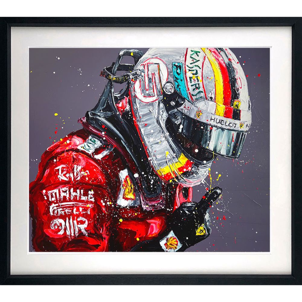 'Vettel - Silverstone '18' by Paul Oz, a signed limited edition paper portrait of Sebastian Vettel in his Ferrari helmet, in a black contemporary frame for F1 collectors in Windsor, Sunningdale, and Ascot.
