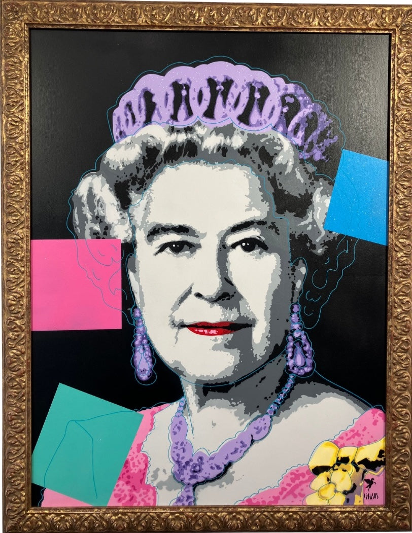 Pegasus street art portrait of Queen Elizabeth II in pink, contemporary stencil style, available at Creed Gallery Ascot, Berkshire.