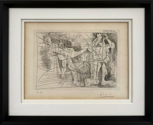 Picasso's etching Couple, from La Magie Quotidienne: two intertwined figures rendered in dense crosshatched line