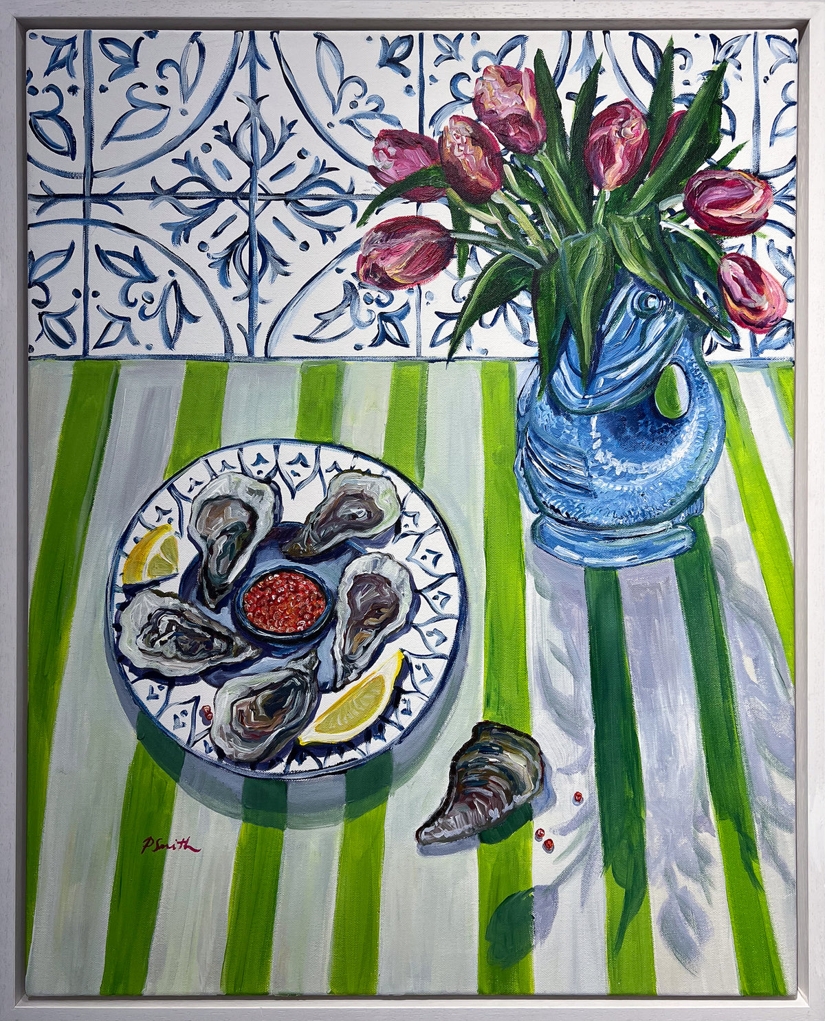 Pippa Smith Gluggle & Oysters, oysters and lemon on a plate beside a blue jug of pink tulips on green stripes, in a white frame