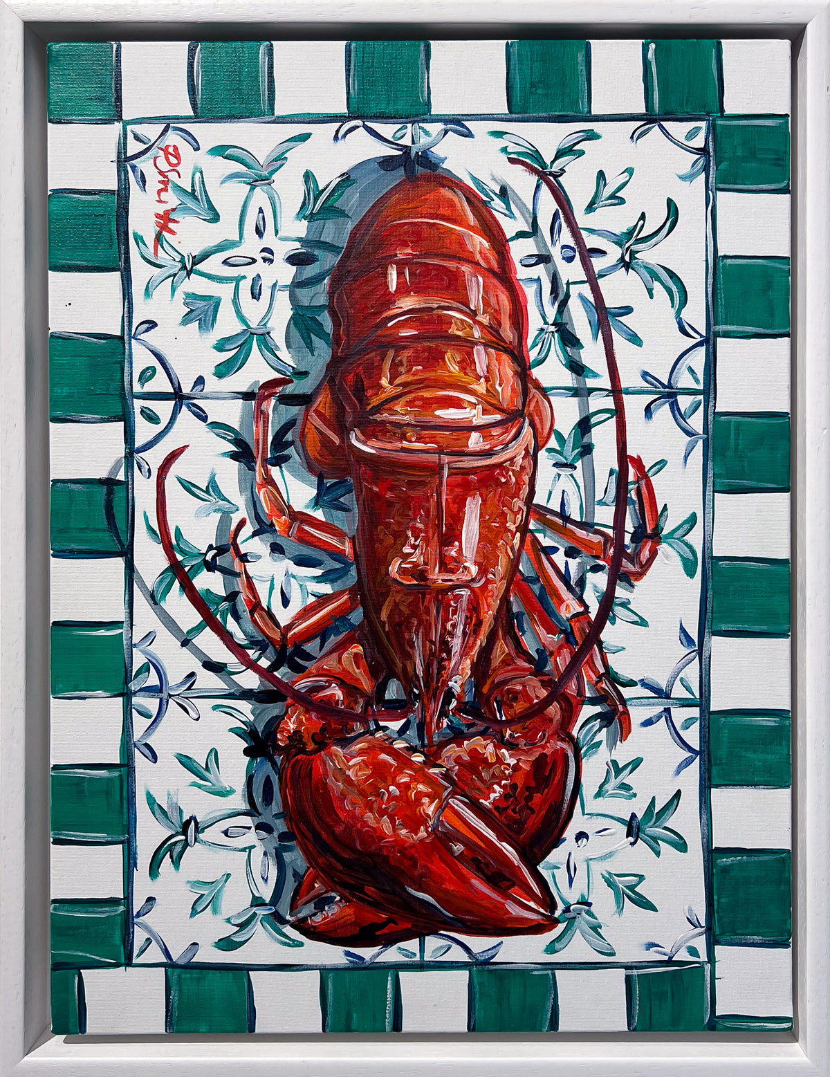 Pippa Smith Lobster on Green Tiles, a red lobster on green and blue tiles with a green checked border, in a white frame