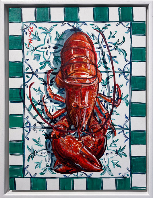 Pippa Smith Lobster on Green Tiles, a red lobster on green and blue tiles with a green checked border, in a white frame