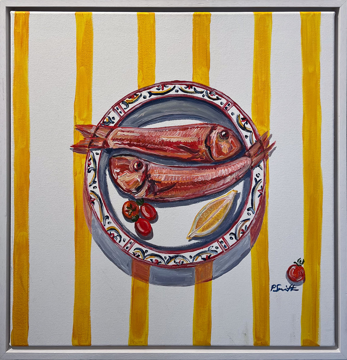 Pippa Smith Red Mullets on Yellow Stripes, two red mullets with tomatoes and lemon on a plate, on yellow and white stripes, in a white frame