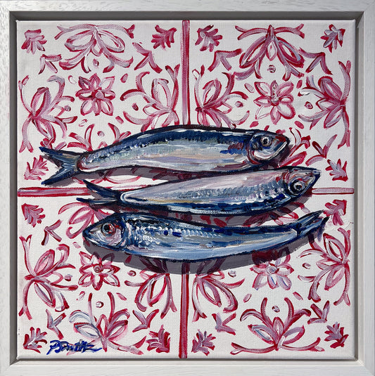Pippa Smith Sardines on Pink Tiles, three silver-blue sardines on a pink and red floral tile, in a white frame