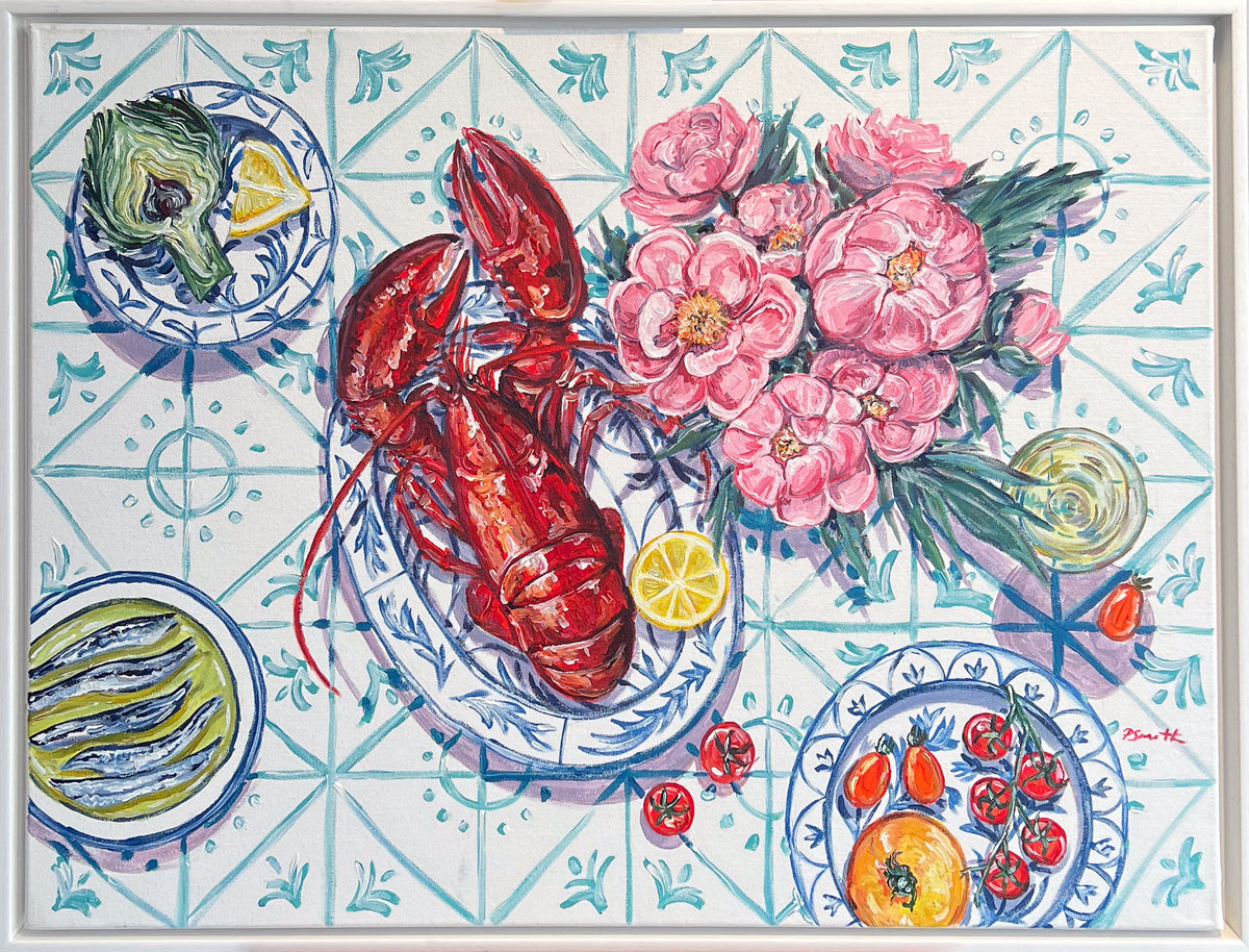 Original still-life painting by Pippa Smith of a lobster resting on green tiles